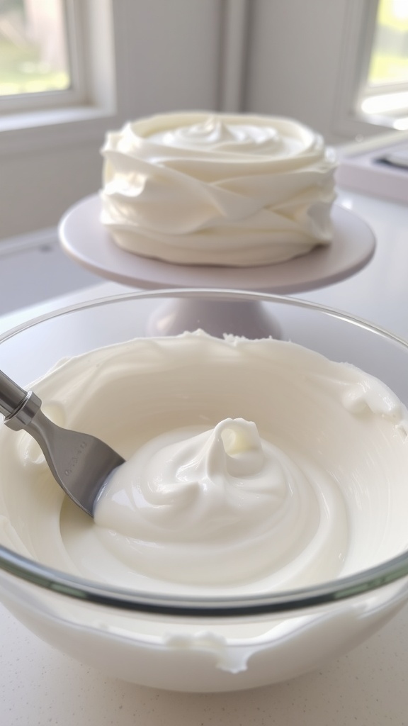 Fluffy white frosting in a bowl with a spatula, next to a beautifully frosted cake.